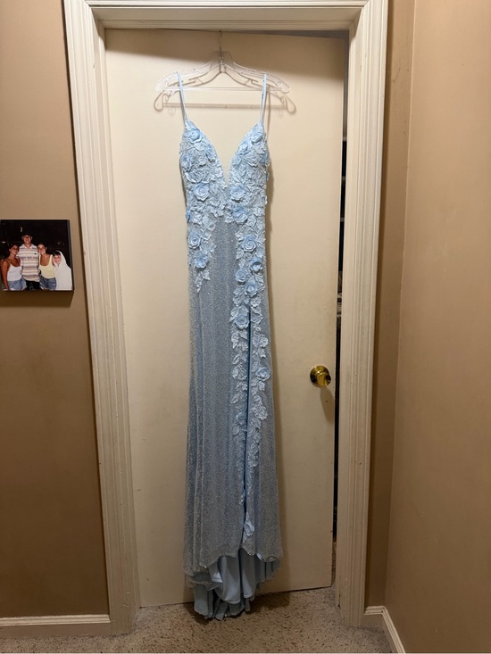 Jovani Dresses & Skirts - Jovani Light Blue Floral Appliqué Spaghetti-Strap Prom Gown